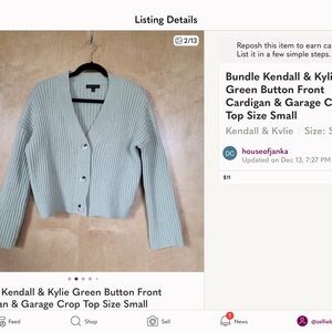 Kendall & Kylie Cropped Mint Green Ribbed Button Cardigan